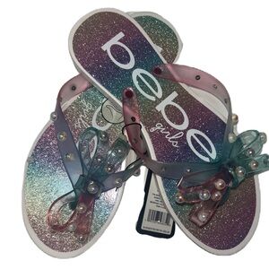 Bebe Girls Multicolor Glitter Sandals with Pearl Bow Big Girls Size XL 4/5